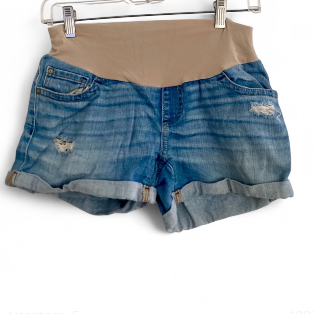 A PEA IN THE POD BLUE JEAN DENIM SHORTS WITH TAN WAISTBAND MATERNITY SIZE SMALL